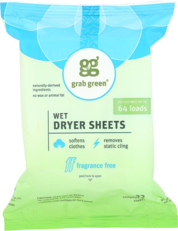 GRABGREEN: Wet Dryer Sheets Fragrance Free 64 Loads, 8.64 oz Online now