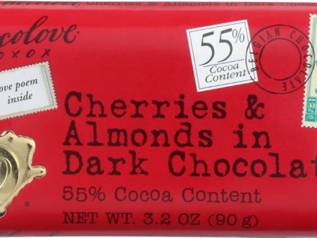 CHOCOLOVE: Cheries & Almonds In Dark Chocolate Bar, 3.2 oz For Sale